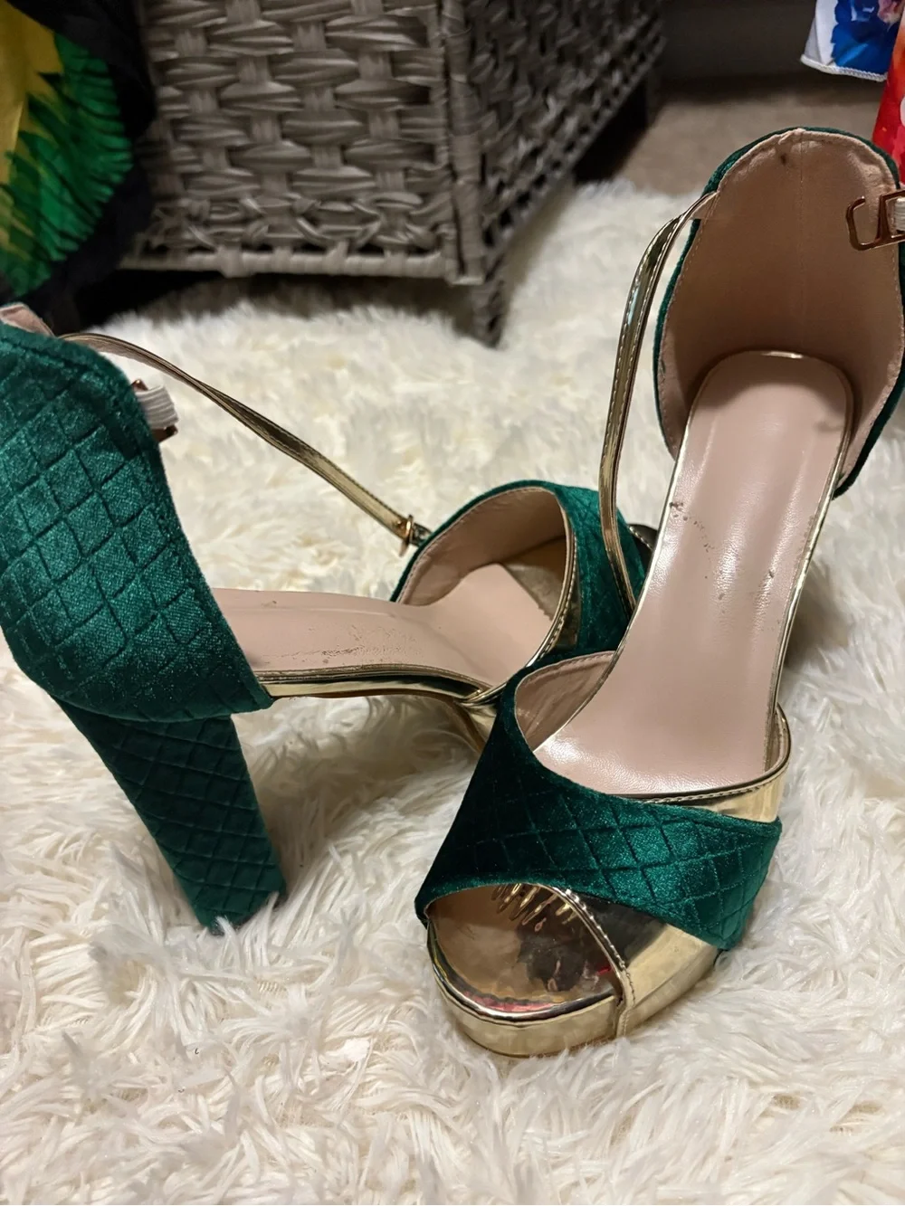 Emerald Green Velvet & Gold Platform Heels - Women